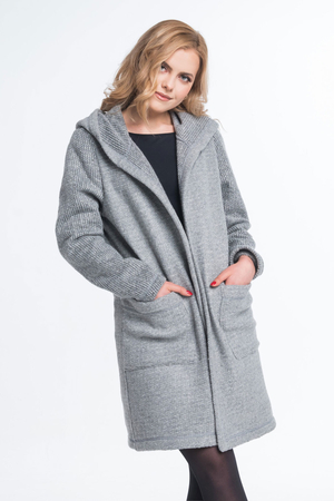 Women's long cardigan Handmade from wool knit lightweight breathable large pockets on the sides with no fastening with hood